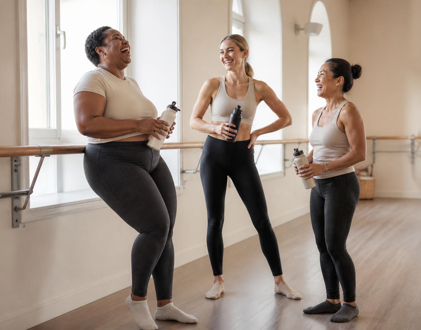 Three women of different ages, ethnicities, and body sizes laughing together after a barre class